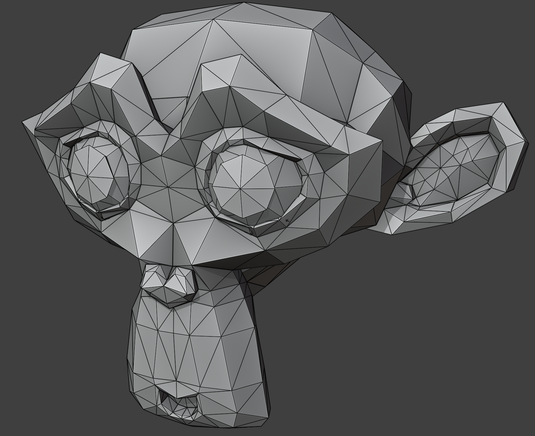 A 3D model of a monkey head (Suzanne) with the triangles outlined overtop.